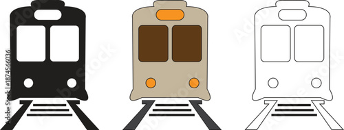 Set of three stylized train and tram icons depicting transportation on rail tracks