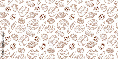 Seamless pattern of baked good, bread, pastry, cookie and pretzel on a white background in line art style. Design for bakery package, card design.