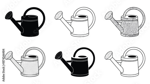 Assortment of six watering cans in various styles and fill patterns for gardening and plant care
