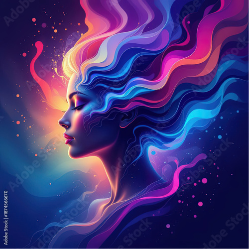 Flow of consciousness and mind motion as a flowing  gradients symbolizing human thought, emotion, and energy in abstract form, blue and pink tones portrait.eps
