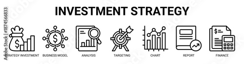 Investment Strategy web banner icon vector illustration concept with icon of investment, business model, analysis, targeting, chart, report, finance.