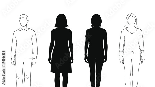 Collection of diverse human silhouettes and outline figures representing male and female body types for comparison or sizing purposes