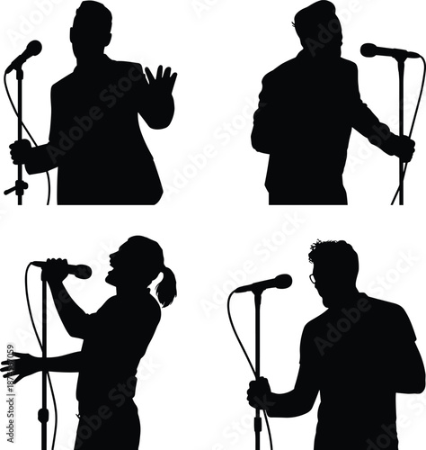 Singer silhouettes performing live, vocalists with microphones on stage, performance poses isolated on white background