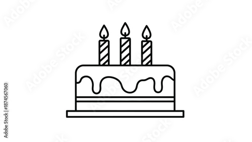 Simple black line art icon depicting a three-tiered birthday cake topped with three lit candles