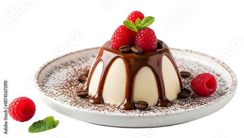 Delicious panna cotta dessert with chocolate sauce and fresh raspberries on a white plate isolated on transparent background