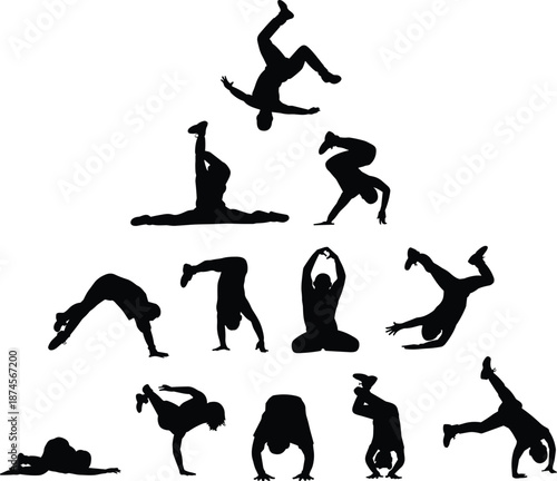 Breakdance silhouettes, hip hop dancers performing flips and freezes, acrobatic street dance poses collection isolated on white background