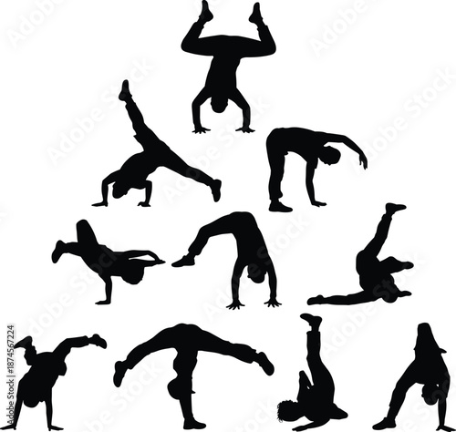 Breakdance silhouettes, hip hop dancers performing acrobatic moves, street dance poses collection, isolated black figures on white background