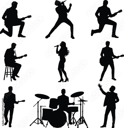 Rock band silhouettes, musicians performing live, singer guitarist drummer poses, concert music icons isolated on white background, vector