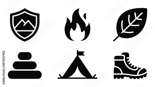 Set of black and white symbolizing outdoor adventure and survival camping hiking
