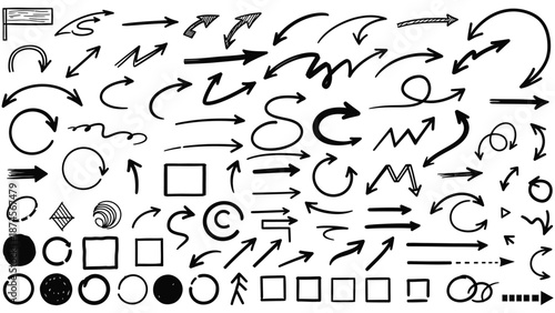 Collection of various hand-drawn black arrow symbols and doodle shapes illustrating direction and movement concepts