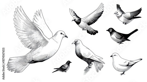 Minimalist Bird Silhouettes Set: Pigeon, Sparrow, and Small Songbirds in Clean Line Art
