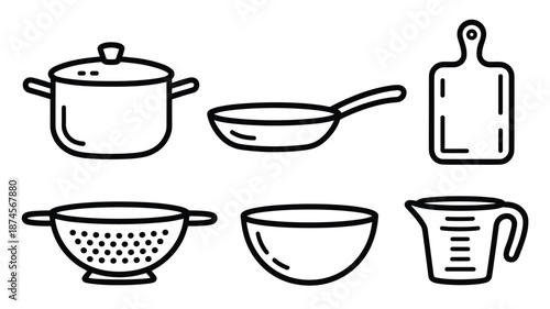 Collection of essential kitchen utensil line including pot pan bowl and measuring cup utensils