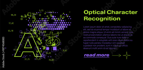 Neon green and purple digital cloud of numbers, squares and multilingual "A"  letters on black. Conceptual vector illustration for Optical Character Recognition and AI text processing themes.