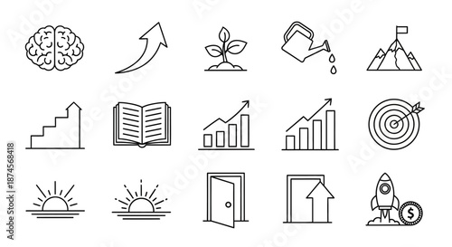 Linear Vector Icons Depicting Core Business Concepts from Idea and Development to Success and Innovation