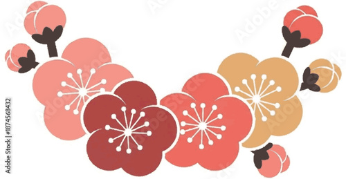 Elegant Cherry Blossom Garland Illustration with Budding Flowers in Pink and Beige Tones