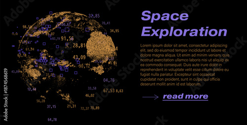 Glowing planet scattered with numerical data points and geometric squares on a black background. Conceptual vector illustration for space exploration, data visualization and cosmic digital themes.