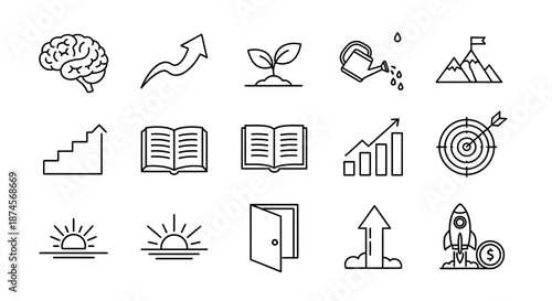 Comprehensive vector line art icon set illustrating concepts of business growth, personal development, education, and innovation towards achieving goals and success