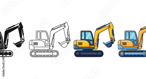 Vector illustrations of an excavator, showcasing its design evolution through silhouette, outline, and detailed full-color flat style, perfect for construction and machinery graphics