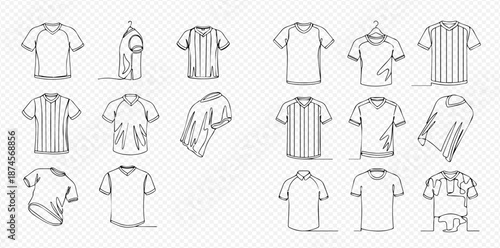 Continuous line drawing of various t-shirt designs, showcasing different styles and angles for fashion and apparel concepts.