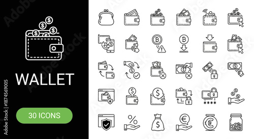 Modern outline icons illustrating diverse aspects of wallets, money, currency exchange, mobile payments, and secure financial management for banking applications and e-commerce