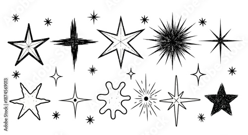 Artistic Hand-Drawn Vector Stars and Sparkle Elements Set, a Versatile Collection for Graphic Design, Decorations, and Celestial-Themed Projects