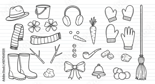 Winter Snowman Building Kit Doodle Vector Elements Collection – Hand-Drawn Outline Set for Festive Holiday Crafts and Cold Weather Creations