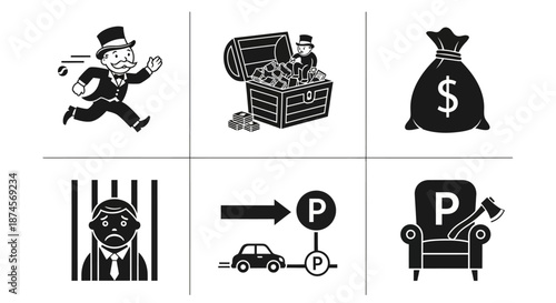 Diverse Monochrome Icon Set Illustrating Financial Concepts, Legal Consequences, Urban Parking Challenges, and Cost Management Symbols