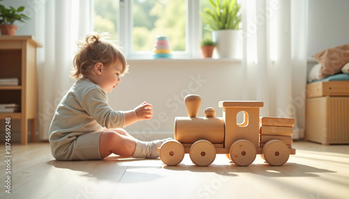 Toddler playing with wooden train toy in bright indoor setting  