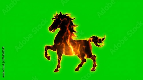 Fiery Horse Silhouette on Green Screen Background.