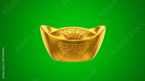 Golden Chinese Yuan Bao Symbol of Wealth and Prosperity on Green Background.