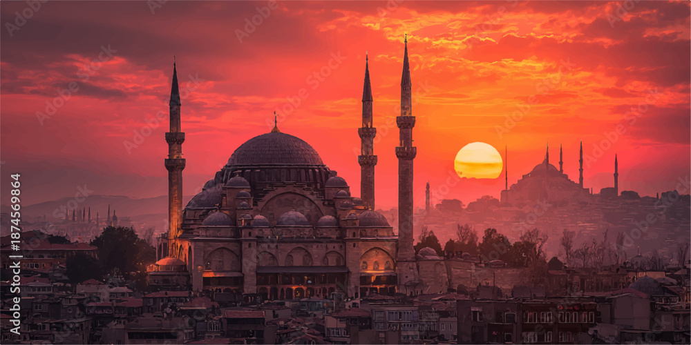 Obraz premium Sunset over istanbul skyline featuring suleymaniye mosque and hagia sophia