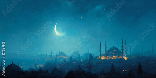 Festive greeting card for Muslim holy month Ramadan Kareem.