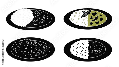 Four onigiri rice ball designs in varying styles on transparent background silhouette