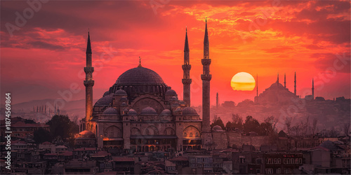 Sunset over istanbul skyline featuring suleymaniye mosque and hagia sophia