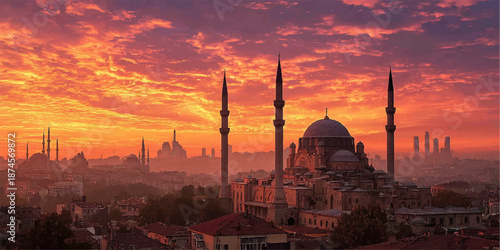 Mosques Dome shadow on twilight sky night red dark black with Crescent Moon ramadan islamic religion symbols.