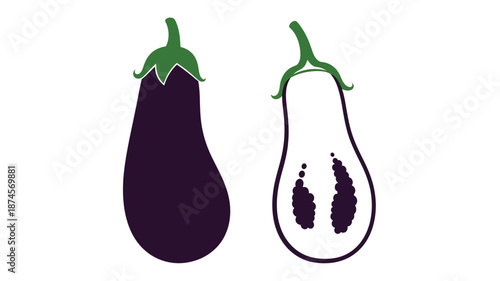 Two eggplants one whole and one halved presented as a silhouette on transparent background