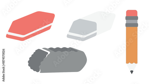 Stationery items including erasers and a pencil on transparent background silhouette