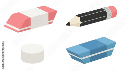 Stationery items including erasers and a pencil on transparent background silhouette