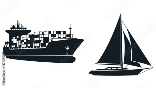 Cargo ship and sailboat graphic illustration on transparent background silhouette
