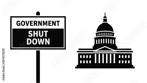 Government shutdown sign with capitol building silhouette on transparent background