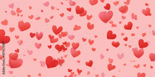 A vibrant and colorful abstract background featuring a scattered pattern of red hearts in various sizes and shades.