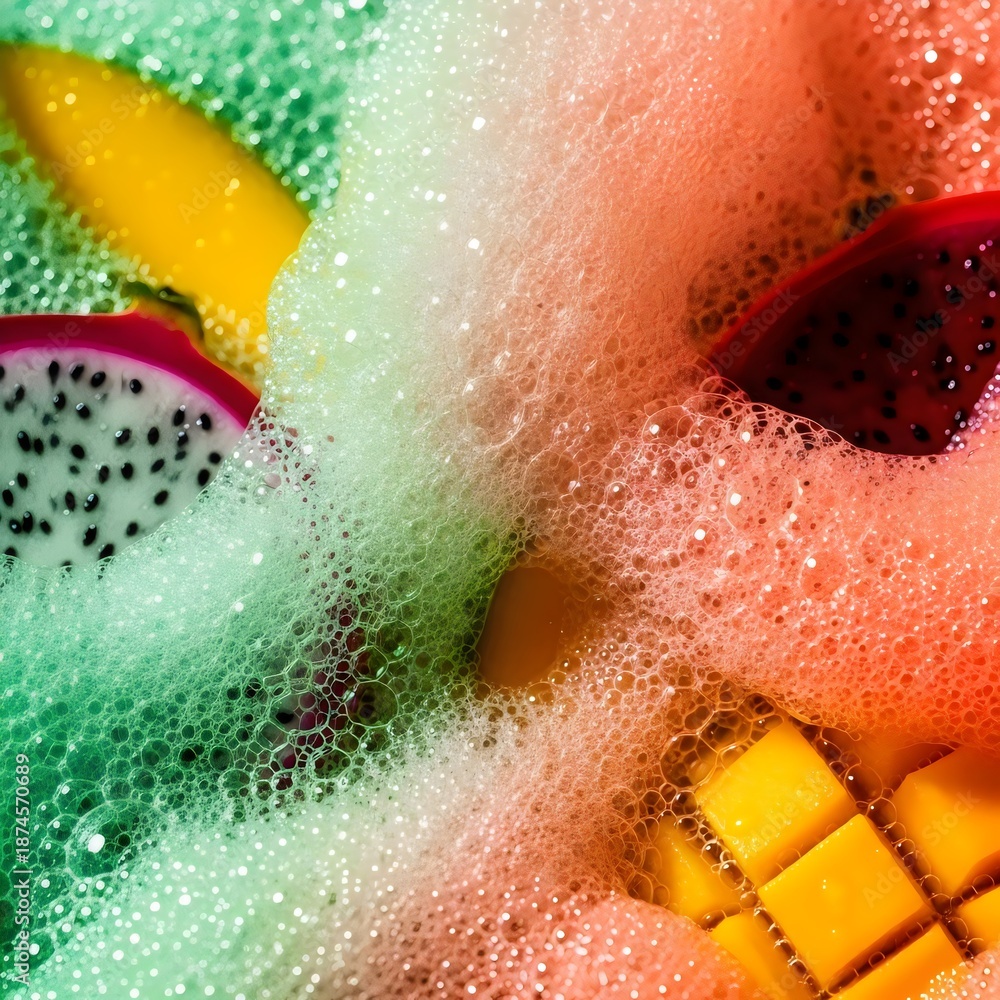 Fototapeta premium Tropical fruit bubbles and foam in macro detail creating vibrant fizz texture for modern design inspiration