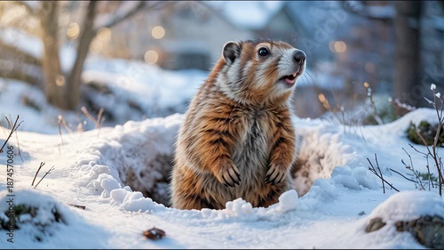 The groundhog leaned out of the hole after waking up from hibernation. Groundhog Day.
