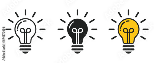 Lightbulb Icon Set, Idea and Creativity Symbol Featuring Electric Lamp, Light, Innovation, Creative Thinking, and Electricity, Vector Illustration in Line, Glyph, and Flat Style for Web