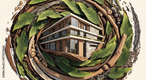 Abstract sustainable construction concept showing eco-friendly architecture emerging from natural textures, symbolizing green design and environmental harmony.