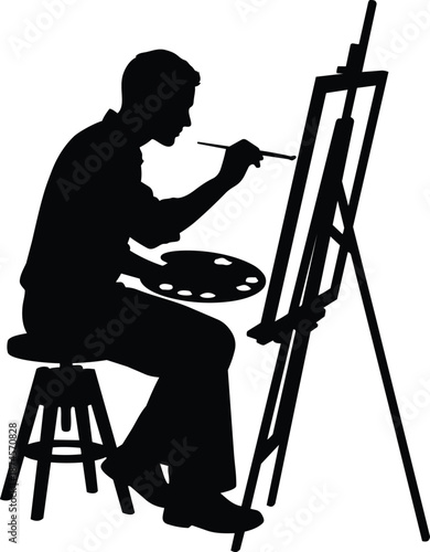Artist Silhouette Painting on Canvas with Easel and Palette