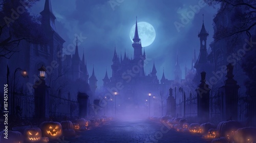 Wallpaper Mural Spooky castle scene with pumpkins and a full moon casting a blue light. Torontodigital.ca