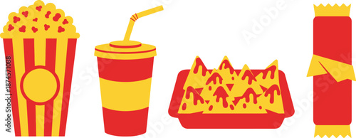 Flat design set of 4 cinema snacks popcorn bucket soda cup nachos tray and candy bar