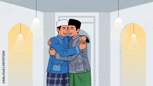 This flat design vector illustration portrays two Muslim men sharing a heartfelt embrace after Eid prayers, symbolizing forgiveness and brotherhood