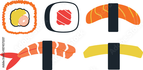 Flat style illustration collection of 5 sushi rolls california roll tuna maki salmon nigiri and shrimp